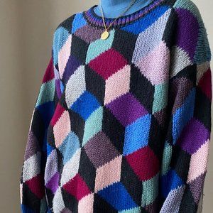Vintage Handknit Oversized Sweater, Colorblock